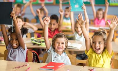 Students raising hands in classroom