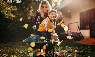 Woman pushing boy in wheel barrow