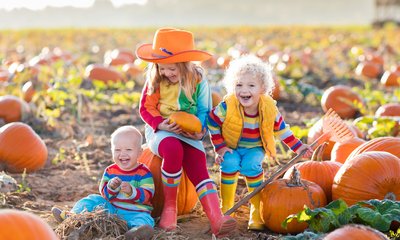 Kids picking pumpkins in Halloween pumpkin patch